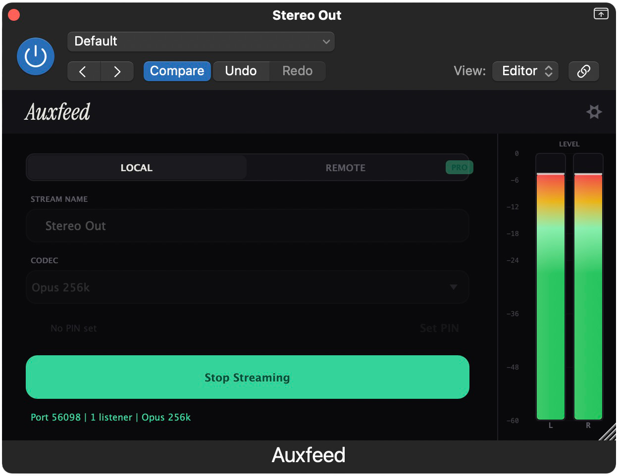Auxfeed plugin in Local mode — stream name, codec selector, and Start button