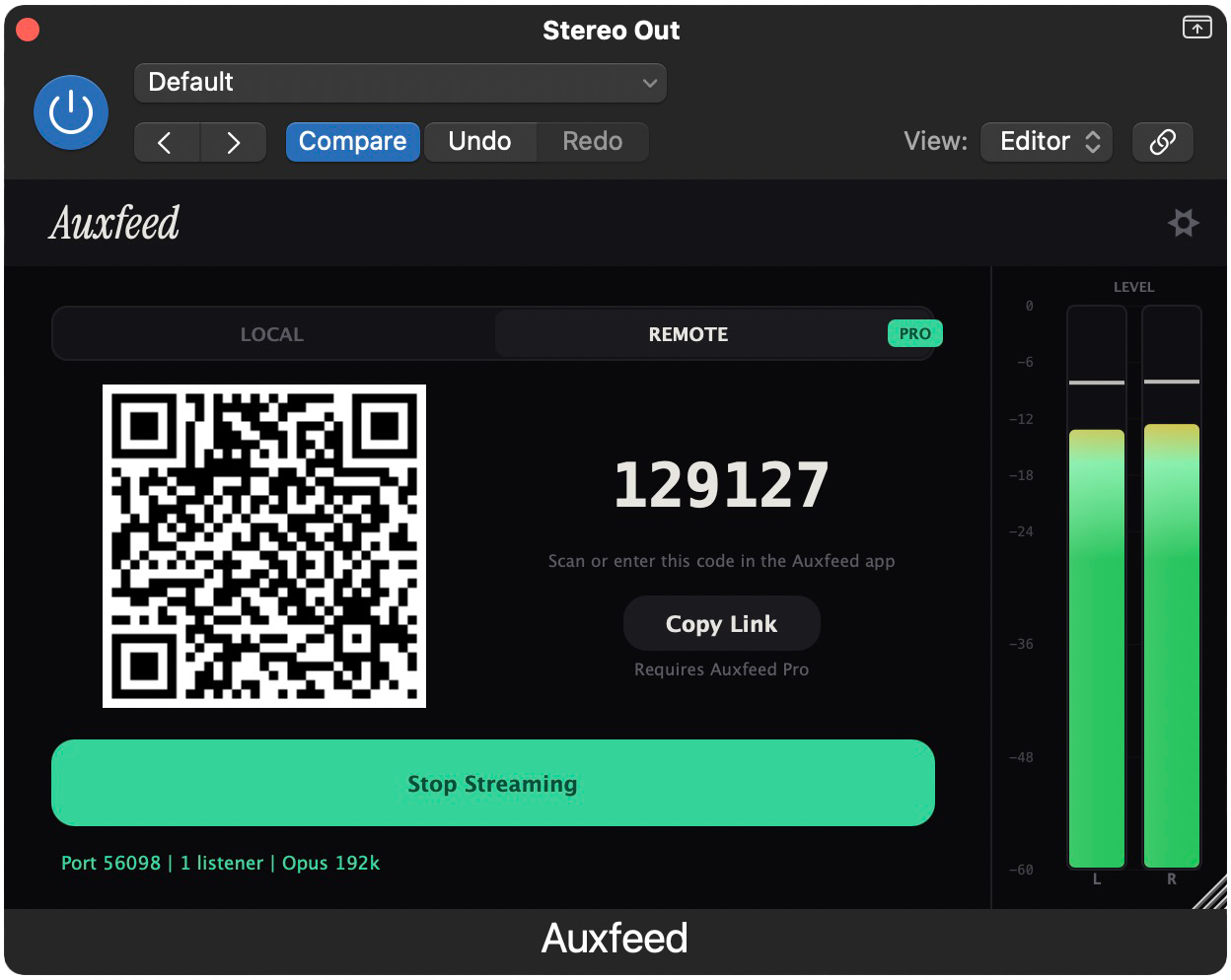 Auxfeed plugin in Remote mode — QR code and 6-digit pairing code for streaming from anywhere