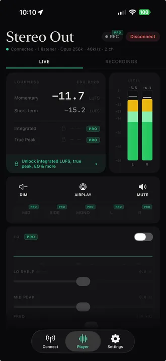 Auxfeed iOS receiver app showing real-time audio streaming from a DAW with stereo level meters