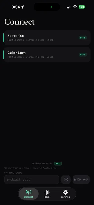 Auxfeed iOS app auto-discovering a Pro Tools session over Wi-Fi with sub-100ms latency