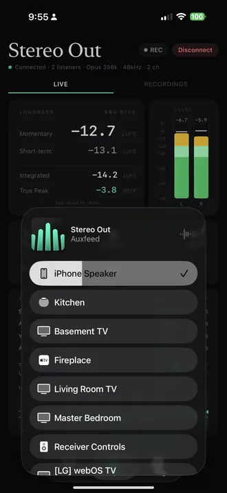 Auxfeed routing DAW audio to AirPlay speakers including HomePod, AirPods, and Apple TV